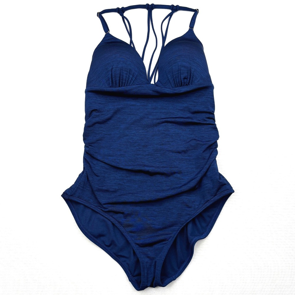 Athleta Aqualuxe One Piece Swimsuit Navy Blue Space Dye Strappy Back Ruched S